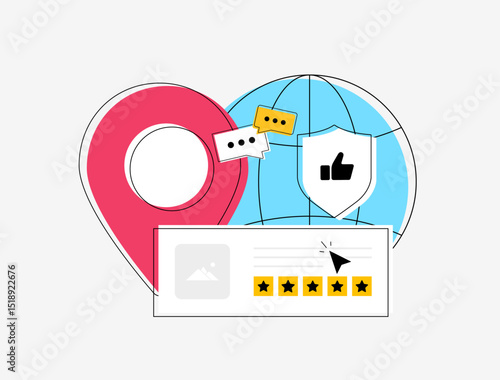 Global reputation with online presence. Customer reviews and star ratings, Brand trust, location-based marketing. User feedback, local SEO, social proof and credibility. Outline vector illustration