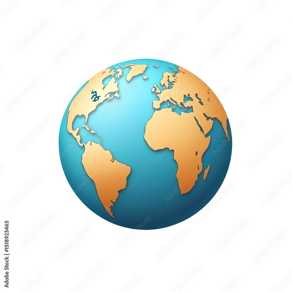 A stylized 3D globe, teal oceans, tan continents, simple cartography A stylized 3D globe, teal oceans, tan continents, simple cartography
