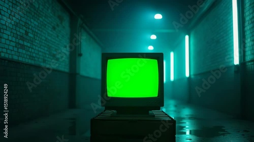 An old CRT computer with a bright green screen glows in a mysterious, dark brick hallway. Eerie green fluorescent lights illuminate the wet floor and hazy air, creating an atmospheric retro tech, cybe