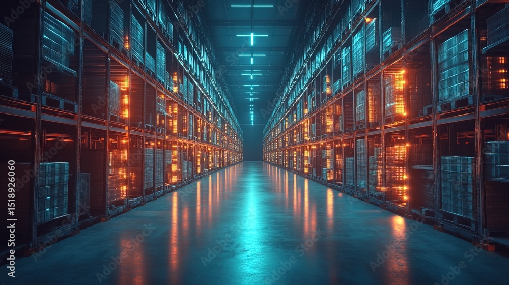 Fototapeta premium A cyber-industrial warehouse filled with glowing holographic inventory scanners
