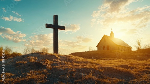 Serene rural landscape with large wooden cross and small church building illuminated by sunset light, peaceful countryside scene perfect for spirituality and reflection