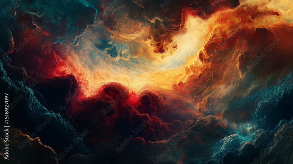 Obraz premium Dramatic nebula with teal, orange, and red swirling clouds, perfect for cosmic fantasy, universe exploration, and creative digital backdrops.