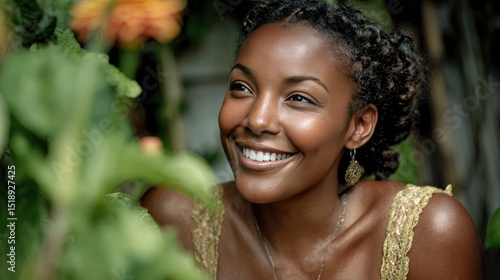 Black woman smiling in a garden, surrounded by green plants. Joy and nature in harmony.