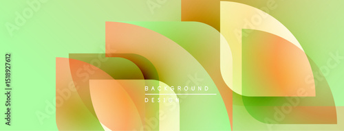 Abstract geometric shapes overlap, creating soft gradients. Light green background complements warm orange, yellow hues. Modern design element.