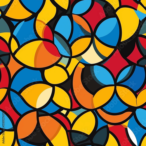 Seamless geometric pattern with overlapping colorful circles in blue, yellow, red, and black, bold and modern, perfect for textiles or backgrounds.