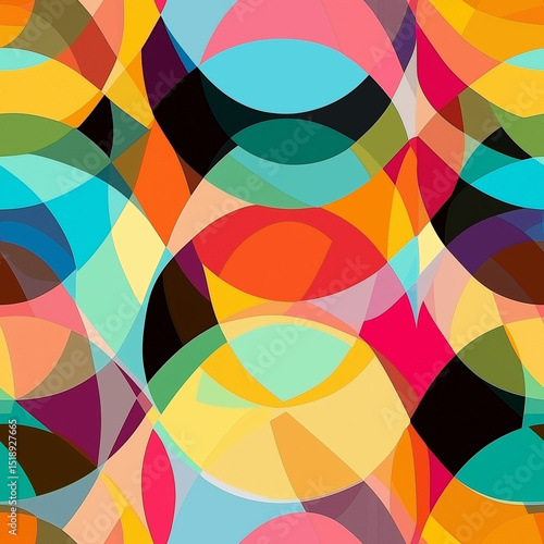 Abstract seamless pattern with colorful overlapping circles and geometric shapes, playful and modern, ideal for textile, wallpaper, or surface design.