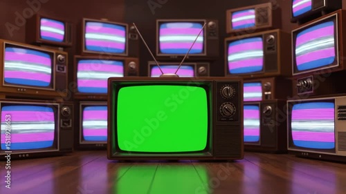 Retro Televisions with Green Screen: A vintage television with a vibrant green screen sits prominently in the center of a room surrounded by other retro televisions displaying a transgender flag.