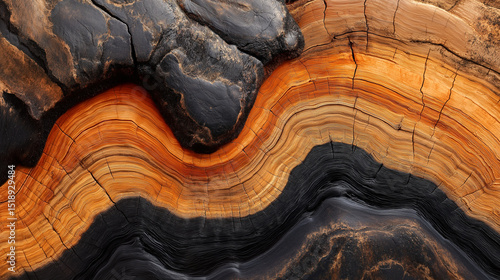 Colorful wood cross-section with vivid orange and black layers, revealing dramatic, eye-catching grain patterns for creative projects.