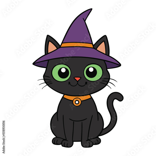 A sleek black cat with glowing eyes, perched calmly beneath a tall, crooked witch’s hat, radiating mysterious magic and eerie charm in the moonlit night.
