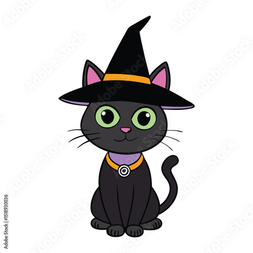 A sleek black cat with glowing eyes, perched calmly beneath a tall, crooked witch’s hat, radiating mysterious magic and eerie charm in the moonlit night.
