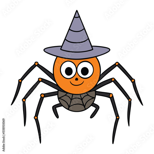 A cute cartoon spider with big eyes, a cheerful smile, and a tiny witch hat perched on its head—dangling from a silky web, ready for some spooky fun!