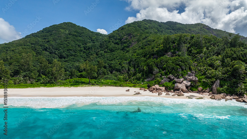 Obraz premium Dense green tropical forest next to a secluded beach with calm blue waters. La Digue, Seychelles.