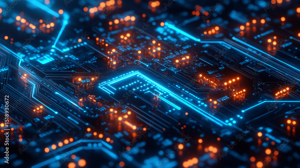 Futuristic blue circuit board with glowing orange nodes, showcasing advanced digital networks and high-tech innovation for tech backgrounds. Futuristic blue circuit board with glowing orange nodes, showcasing advanced digital networks and high-tech innovation for tech backgrounds.