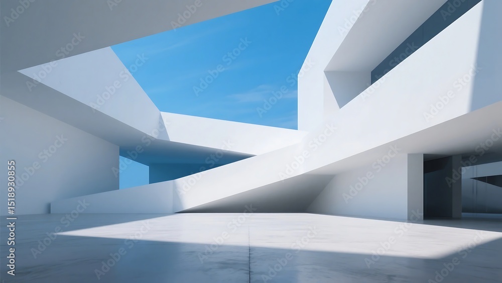 Obraz premium 3d render of abstract modern geometry architecture with empty cement floor, minimal white exterior against blue sky background