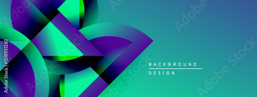 Abstract vibrant shapes overlap, creating dynamic gradient effect. Teal background complements purple, green hues. Modern design element.