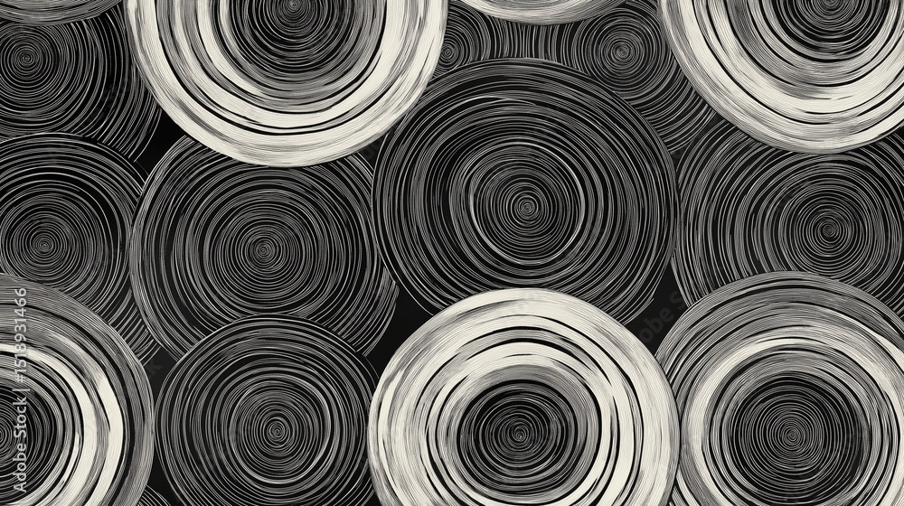 Monochrome seamless swirl pattern with hand-drawn concentric circles, ideal for backgrounds, textiles, or abstract graphic design projects. Monochrome seamless swirl pattern with hand-drawn concentric circles, ideal for backgrounds, textiles, or abstract graphic design projects.