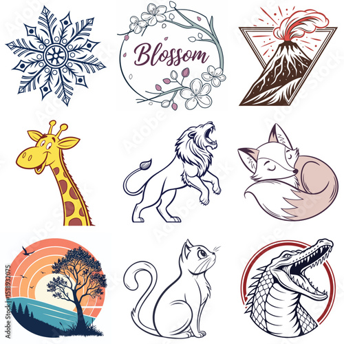Collection of Nine Distinct Vector Graphic Illustrations on a White Background