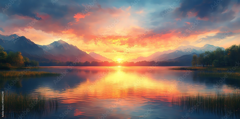 Fototapeta premium Serene Sunset: Mountain Lake Panorama in Warm Hues