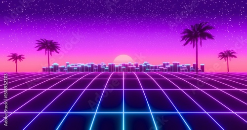 Futuristic glowing neon wireframe background. Shining grid horizon and buildings and palm trees in perspective. Retro digital cyberspace against sunset starry sky. 3D rendering.