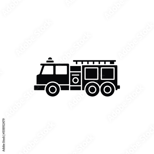 Black Silhouette of a Fire Truck with Ladder and Wheels on a White Background