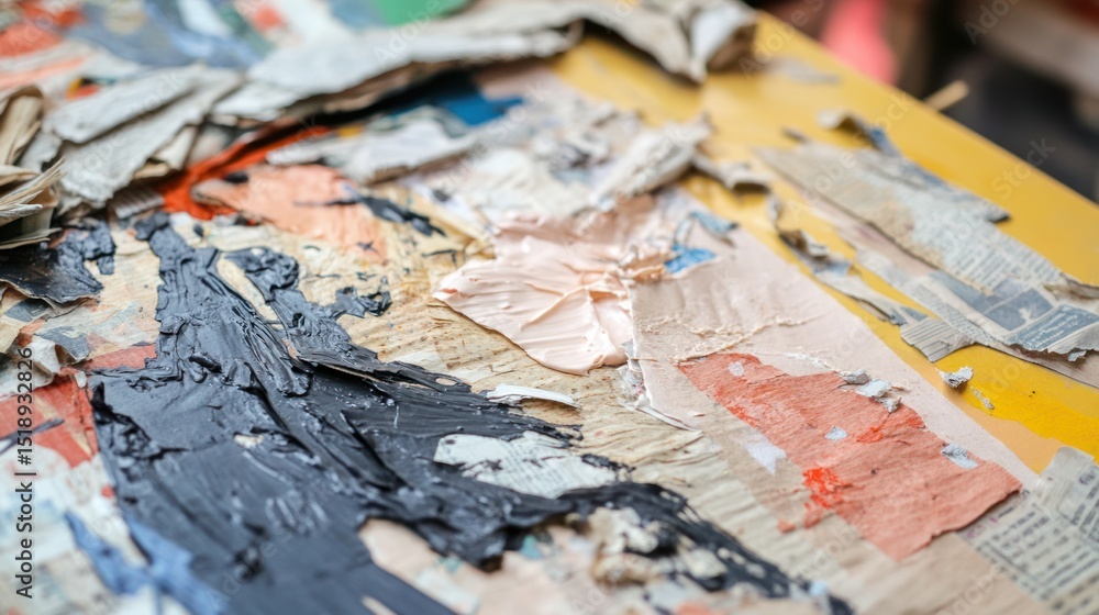 Naklejka premium Abstract Collage of Paint and Paper on Yellow Surface