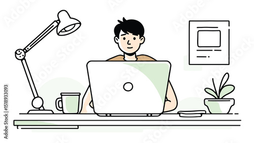 Focused Person Working at a Desk with Laptop and Lamp