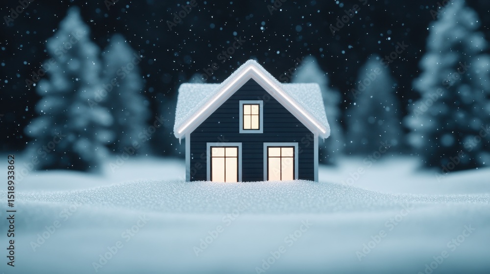 A cozy house with glowing windows sits in a snowy landscape at night, surrounded by snow-covered trees as snow falls gently. A cozy house with glowing windows sits in a snowy landscape at night, surrounded by snow-covered trees as snow falls gently.