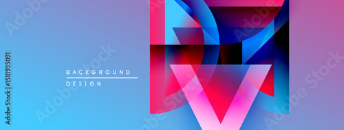 Abstract geometric design. Blue gradient background contrasts vibrant pink, purple shapes. Modern aesthetic, clean lines, visual impact.