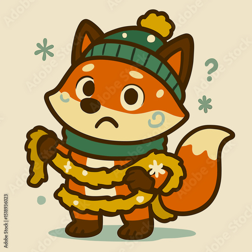 A fox tangled in tinsel and snowflakes looking confused.