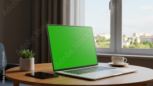 Wallpaper Mural Workspace with laptop, a cup of coffee and a smartphone: A laptop with a green screen stands prominently on a minimalist round wooden table. A ceramic coffee cup. Torontodigital.ca