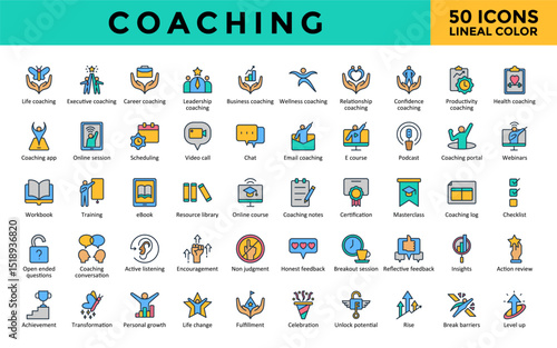 Coaching icons set with life, executive, career, leadership, wellness, business, confidence, relationship, productivity, health icon. Simple lineal color vector 
