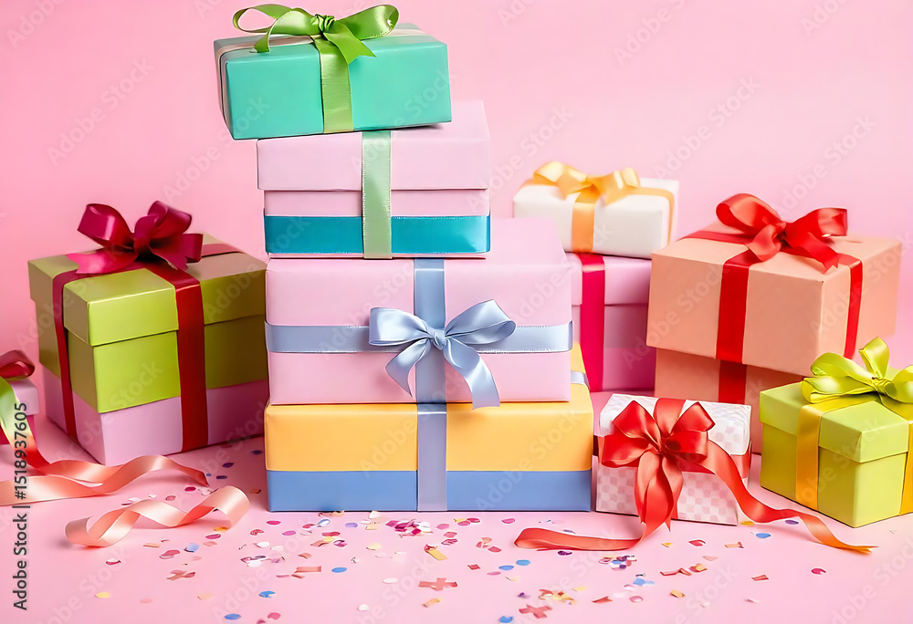 Fototapeta premium Stacked gift boxes with colorful ribbons and bows on a pink background festive celebration