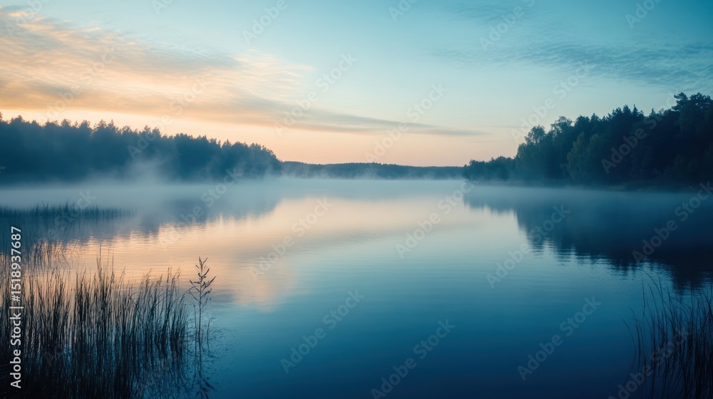 Fototapeta premium Serene Sunrise over Misty Lake