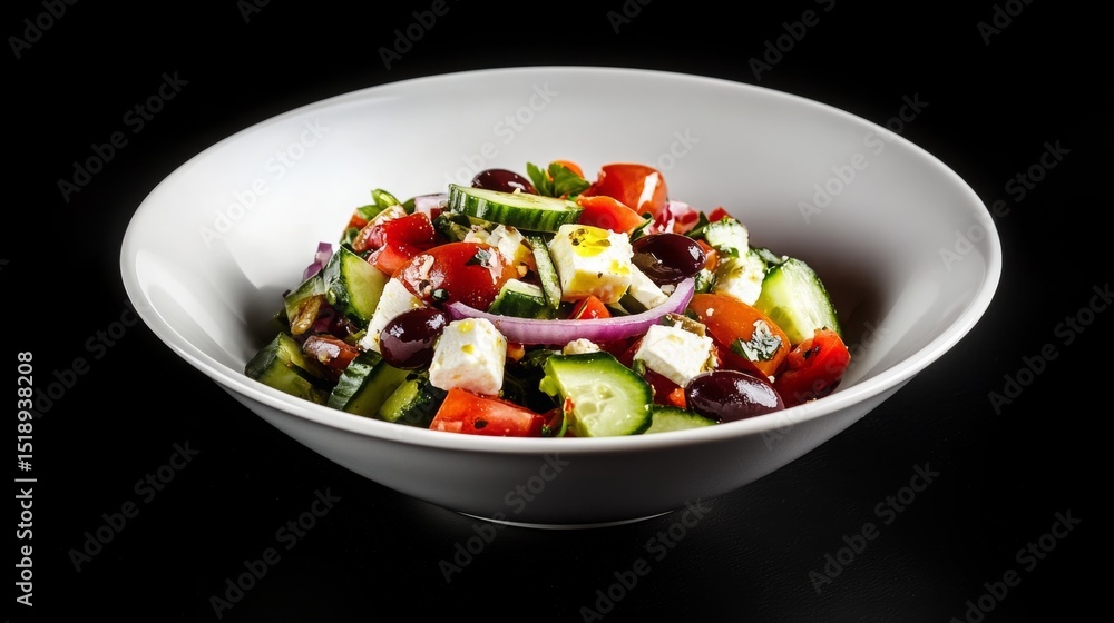 fresh Greek salad with diced cucumbers, tomatoes, kalamata olives, red onion, feta cubes, drizzled with olive oil, served in white bowl, crisp studio lighting fresh Greek salad with diced cucumbers, tomatoes, kalamata olives, red onion, feta cubes, drizzled with olive oil, served in white bowl, crisp studio lighting