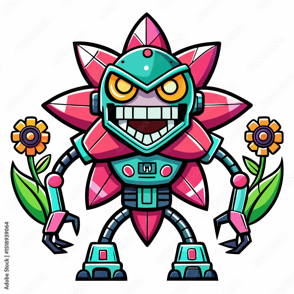 Crazy Flower Robot in tech Gamer design and bold line black , white background ,full color Crazy Flower Robot in tech Gamer design and bold line black , white background ,full color