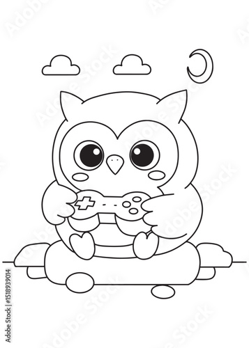 Coloring book owl happily playing video games with a controller,
