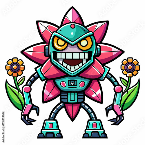 Crazy  Flower Robot in tech Gamer design and bold line black , white background ,full  color