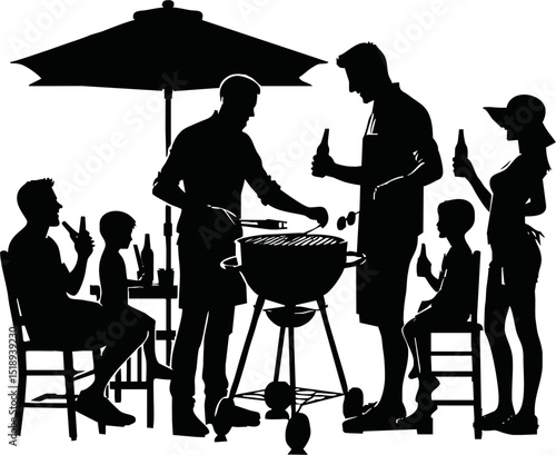 Barbecue party. Isolated silhouette of friends with grill. Summer picnic scene. Black BBQ drawing. Family cooking meat and drinking beer. Outdoor lunch. Vector illustration