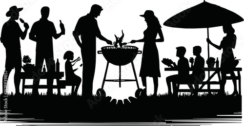 Barbecue party. Isolated silhouette of friends with grill. Summer picnic scene. Black BBQ drawing. Family cooking meat and drinking beer. Outdoor lunch. Vector illustration