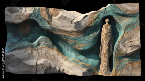 monumental figure visualization for parks | organic fusion | resilient silence | oxidized green and gold | axial tension | mother and child | eroded edges | subtractive modeling | landscape