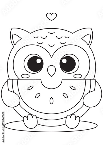 Coloring book owl happily munching on a juicy watermelon slice