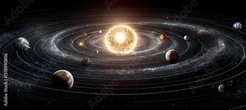 Fototapeta Naklejka Na Ścianę i Meble -  Planetary solar system with sun and planets. Science galaxy astronomy education. Generative AI technology.	
