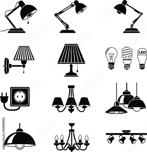 Collection of black and white vector illustrations depicting various lighting fixtures and bulbs