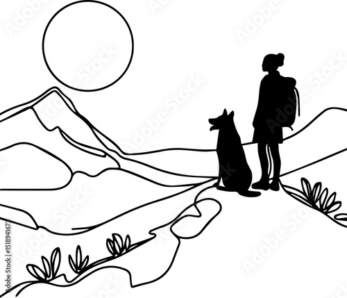 Woman standing with dog on hilltop under the sun in landscape  