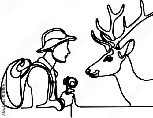 Nature explorer interacting with deer in minimalist line art  