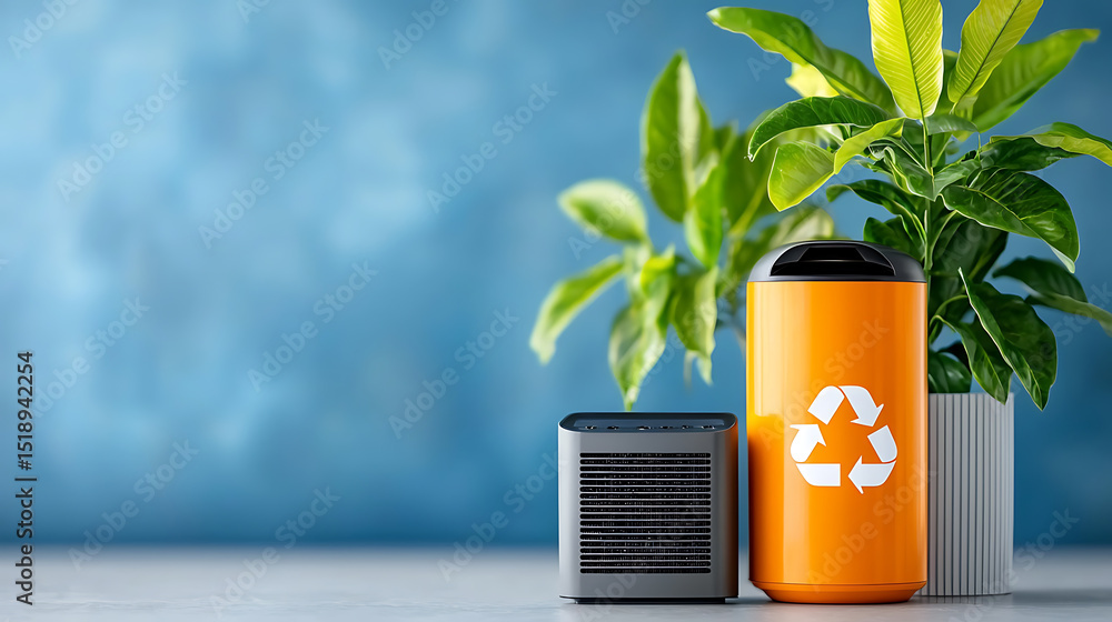 Promoting recycling practices with eco-friendly waste bin and air purifier indoor setting product photography minimalist design Promoting recycling practices with eco-friendly waste bin and air purifier indoor setting product photography minimalist design