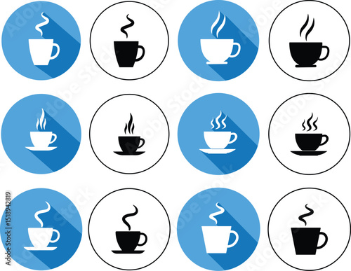 Collection of steaming coffee and tea cup icons with blue circles and long shadow effect