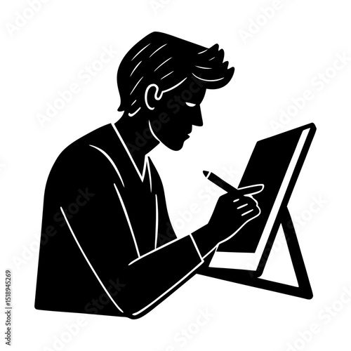 Digital artist drawing on a graphic tablet silhouette