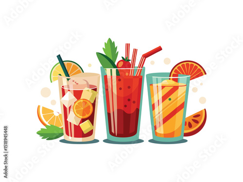 Three refreshing summer cocktails isolated on white background
