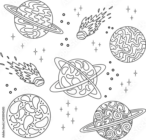 Vector illustration of black and white planets 
